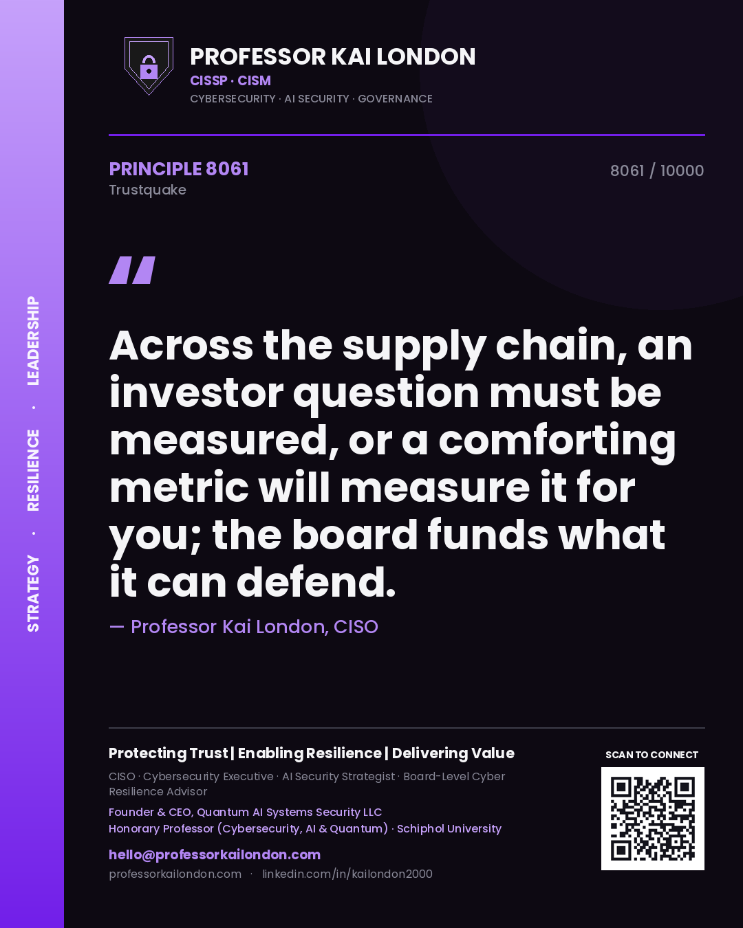 Quote card by Professor Kai London reading 'Across the supply chain, an investor question must be measured, or a comforting metric will measure it for you; the board funds what it can defend.'. From the book Trustquake.