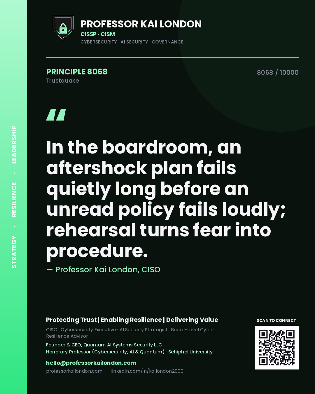 Quote card by Professor Kai London reading 'In the boardroom, an aftershock plan fails quietly long before an unread policy fails loudly; rehearsal turns fear into procedure.'. From the book Trustquake.