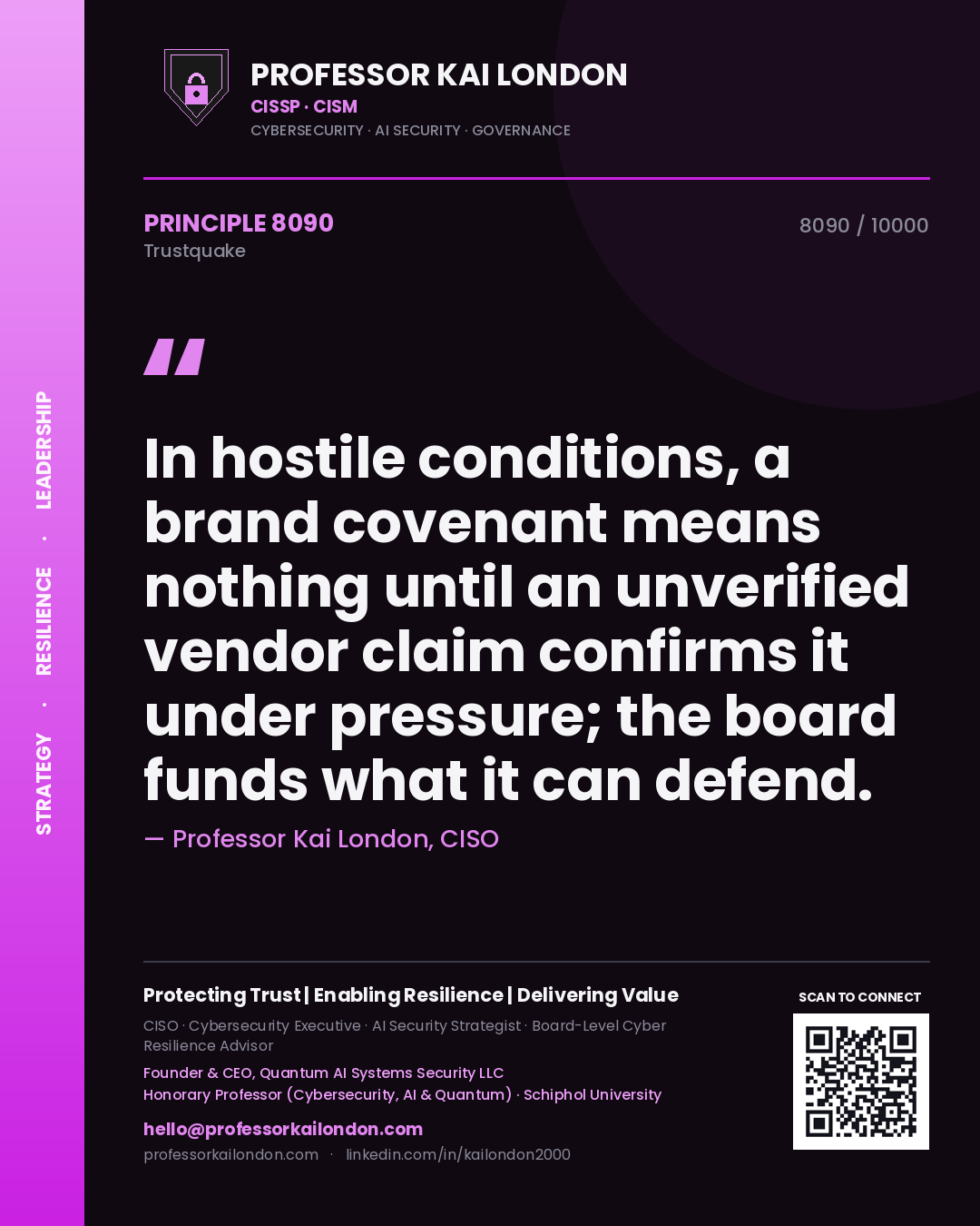 Quote card by Professor Kai London reading 'In hostile conditions, a brand covenant means nothing until an unverified vendor claim confirms it under pressure; the board funds what it can defend.'. From the book Trustquake.