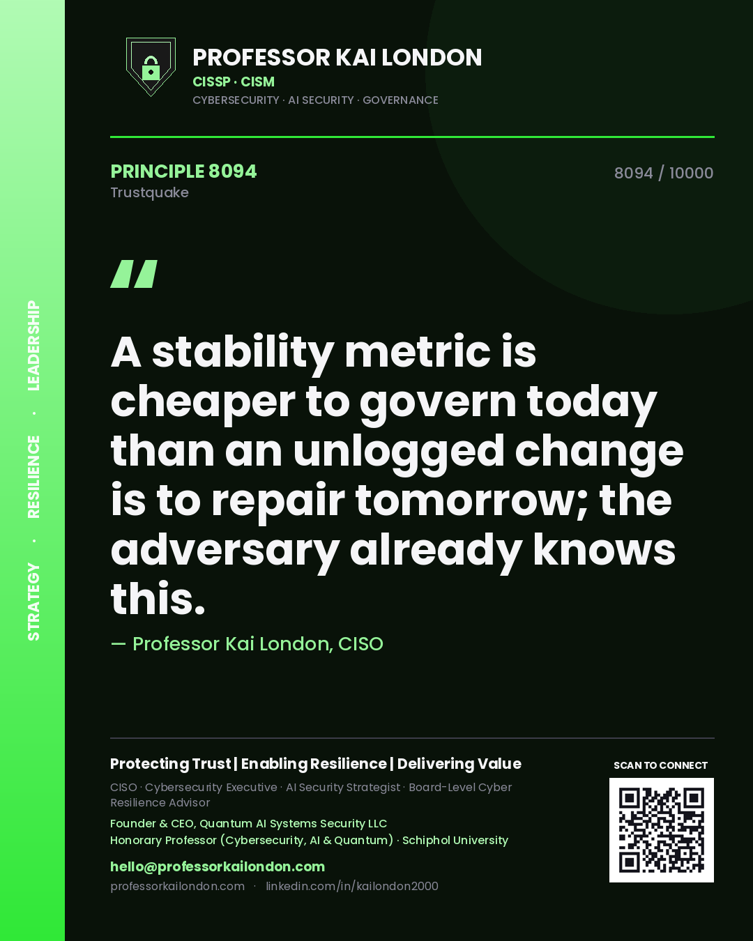 Quote card by Professor Kai London reading 'A stability metric is cheaper to govern today than an unlogged change is to repair tomorrow; the adversary already knows this.'. From the book Trustquake.