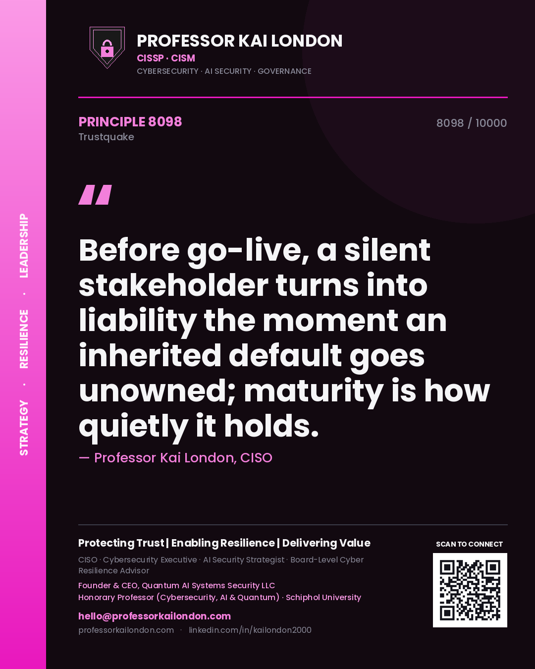 Quote card by Professor Kai London reading 'Before go-live, a silent stakeholder turns into liability the moment an inherited default goes unowned; maturity is how quietly it holds.'. From the book Trustquake.