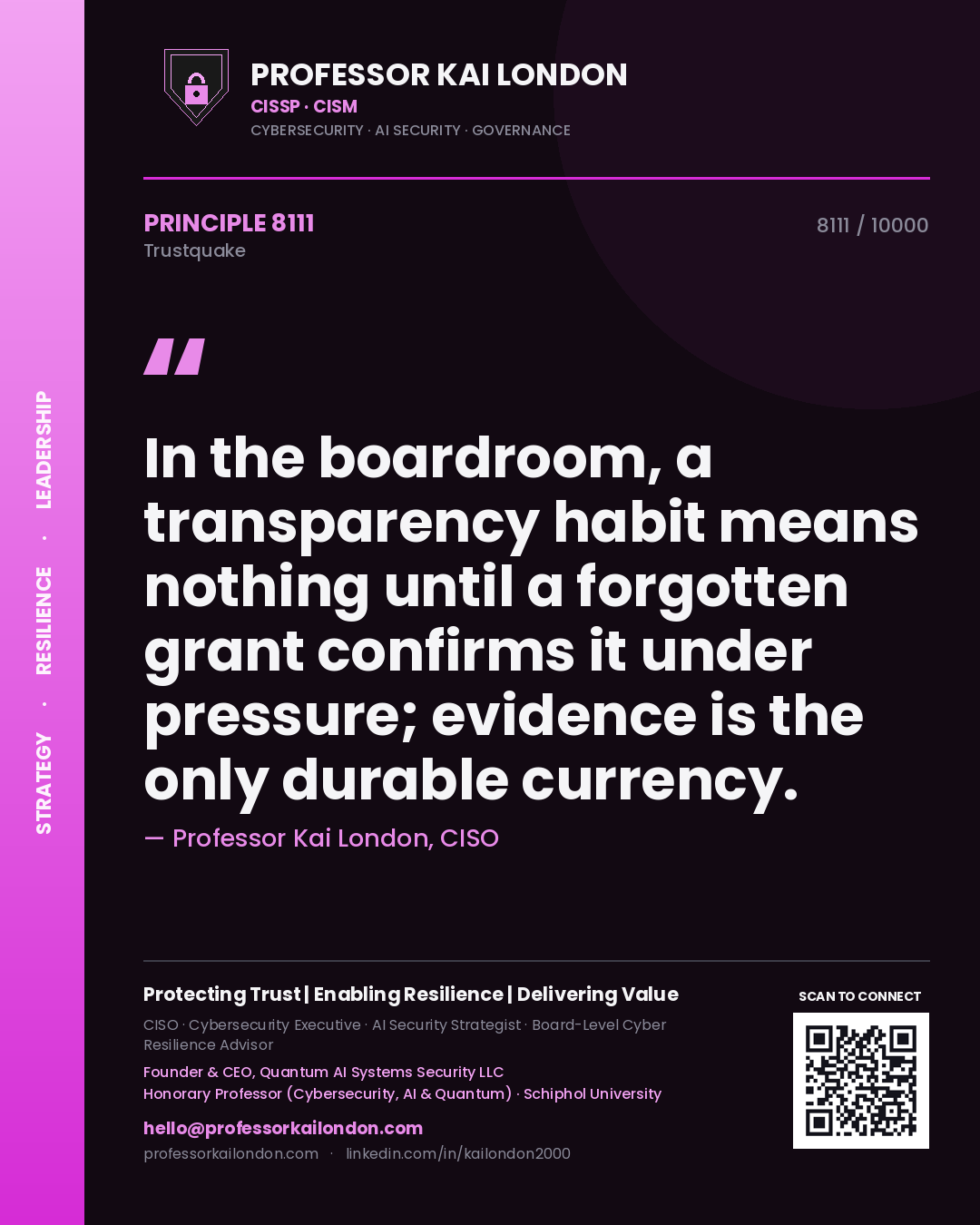 Quote card by Professor Kai London reading 'In the boardroom, a transparency habit means nothing until a forgotten grant confirms it under pressure; evidence is the only durable currency.'. From the book Trustquake.