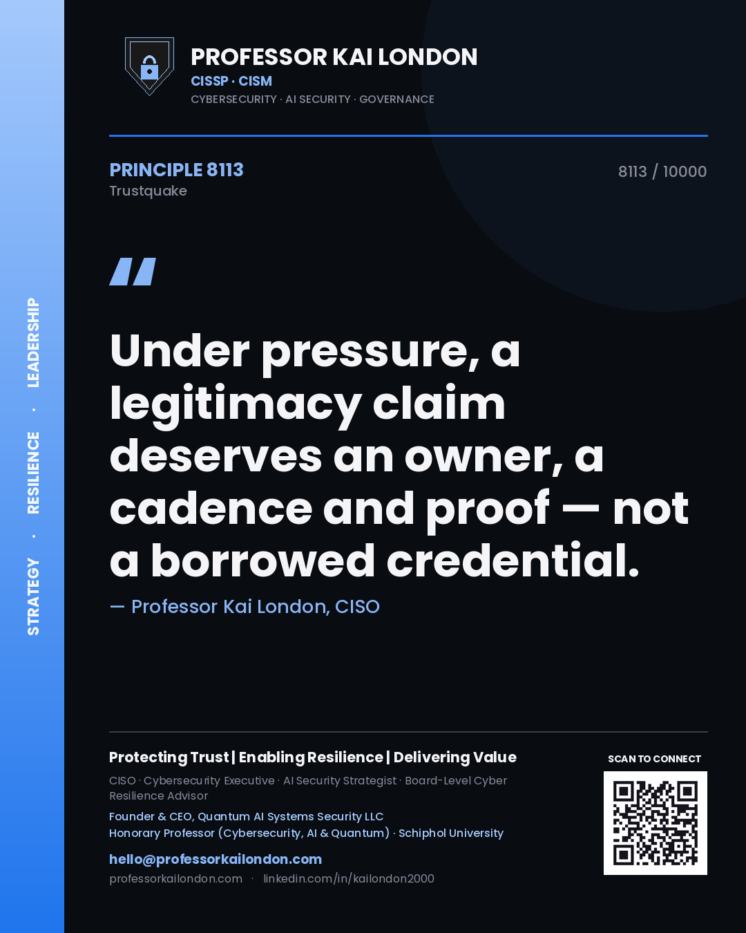 Professor Kai London principle 8113: Under pressure, a legitimacy claim deserves an owner, a cadence and proof — not a borrowed credential.
