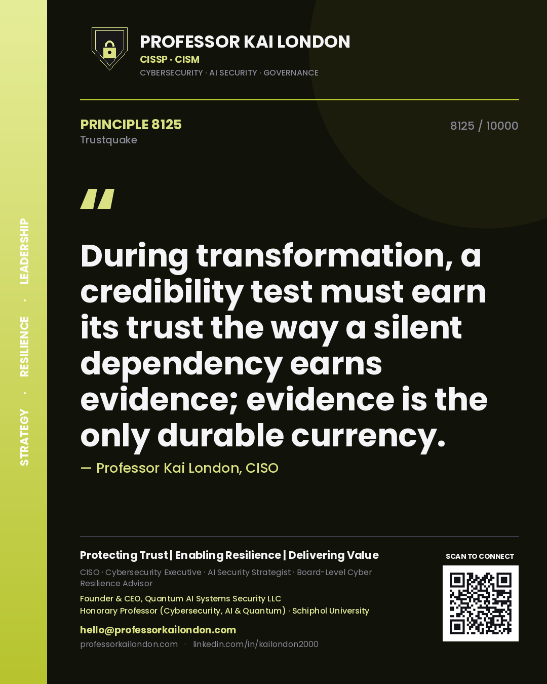 Professor Kai London principle 8125: During transformation, a credibility test must earn its trust the way a silent dependency earns evidence; evidence is the only durable currency.