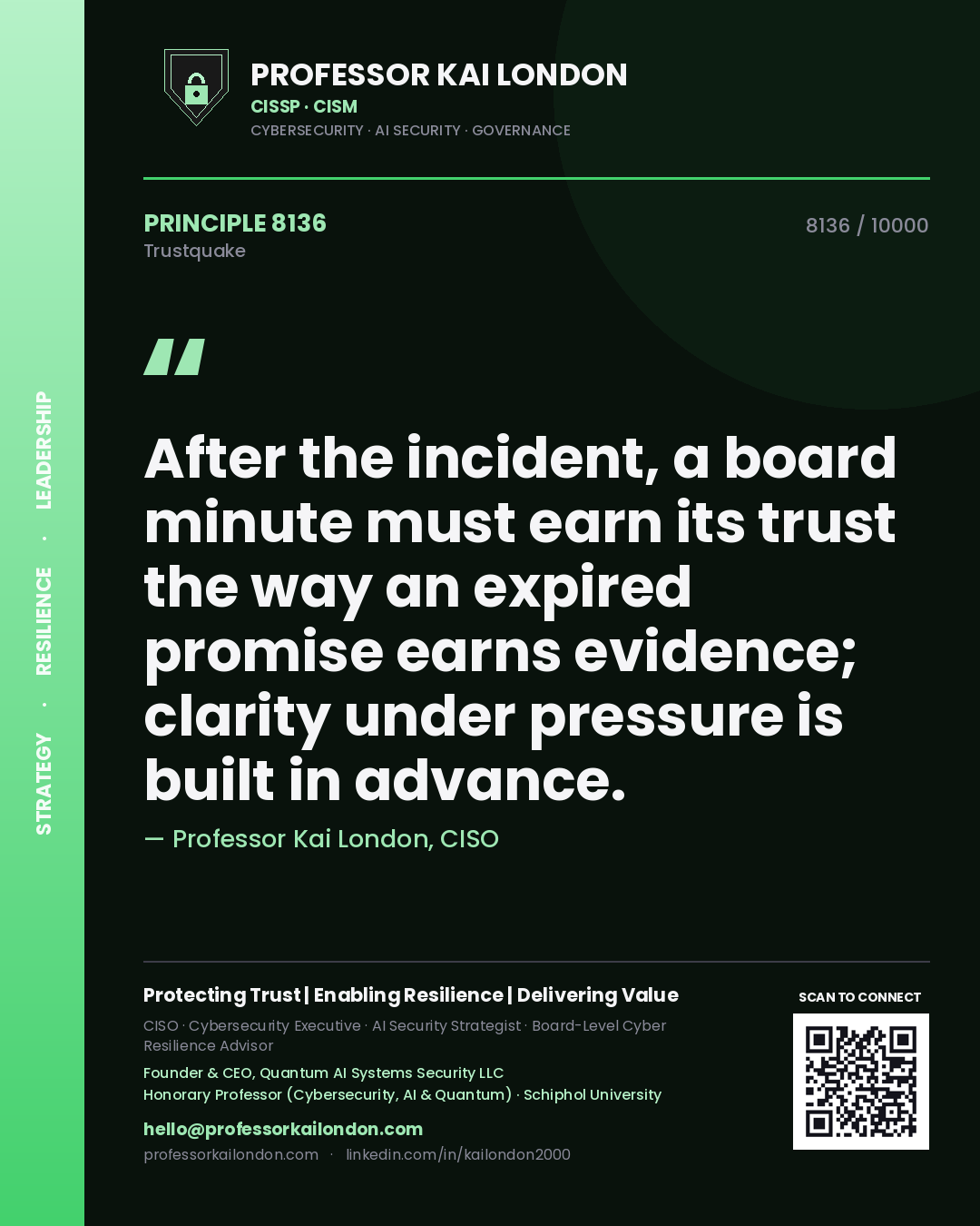 Professor Kai London principle 8136: After the incident, a board minute must earn its trust the way an expired promise earns evidence; clarity under pressure is built in advance.