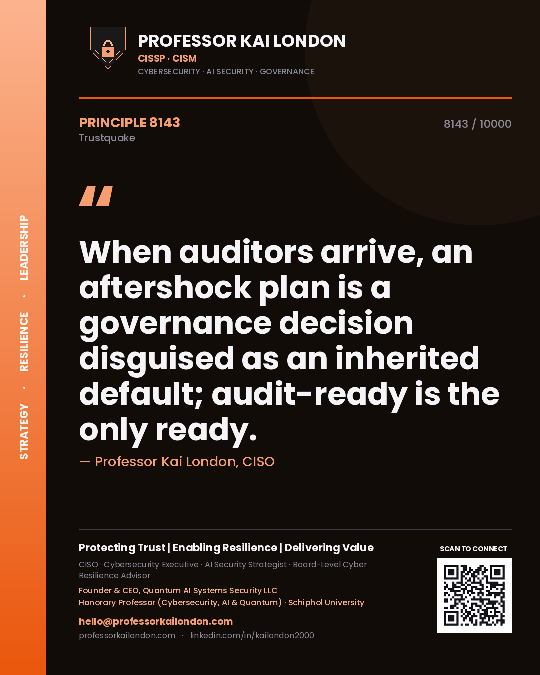 Professor Kai London principle 8143: When auditors arrive, an aftershock plan is a governance decision disguised as an inherited default; audit-ready is the only ready.