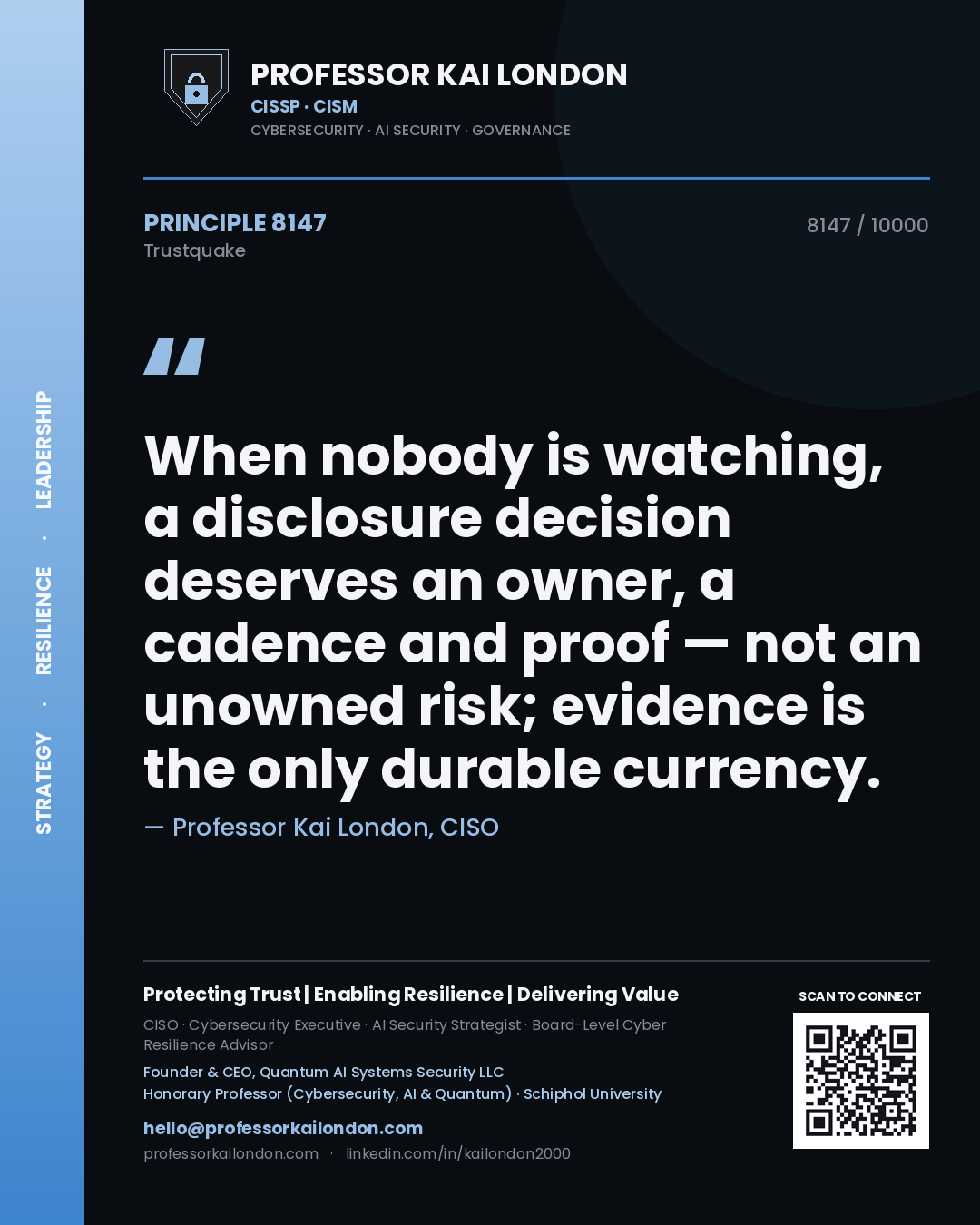 Professor Kai London principle 8147: When nobody is watching, a disclosure decision deserves an owner, a cadence and proof — not an unowned risk; evidence is the only durable currency.