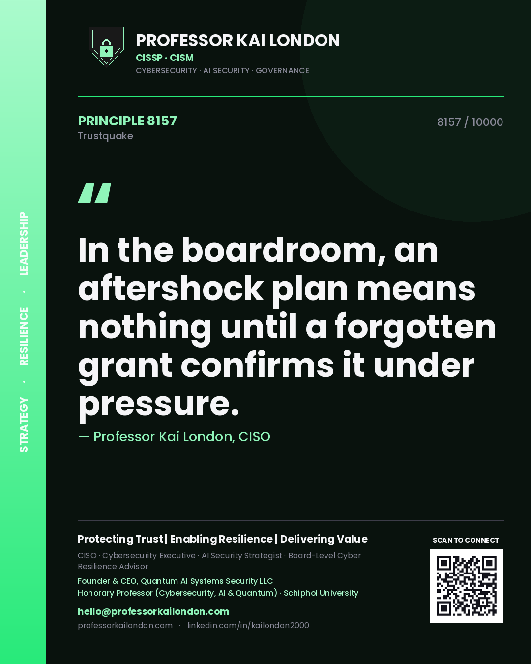Professor Kai London principle 8157: In the boardroom, an aftershock plan means nothing until a forgotten grant confirms it under pressure.
