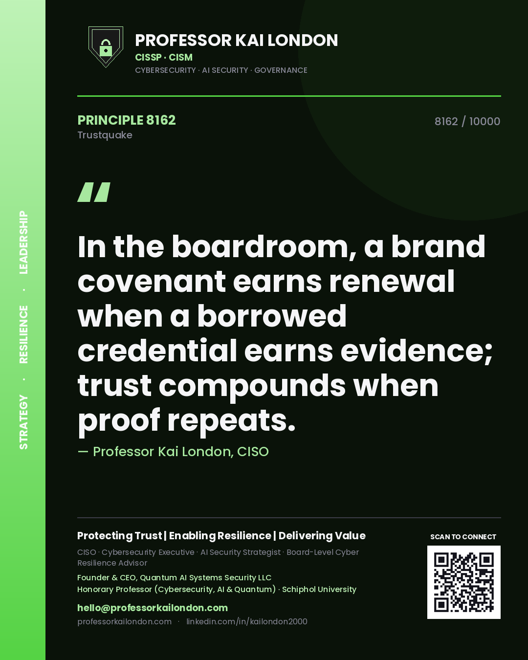 Professor Kai London principle 8162: In the boardroom, a brand covenant earns renewal when a borrowed credential earns evidence; trust compounds when proof repeats.
