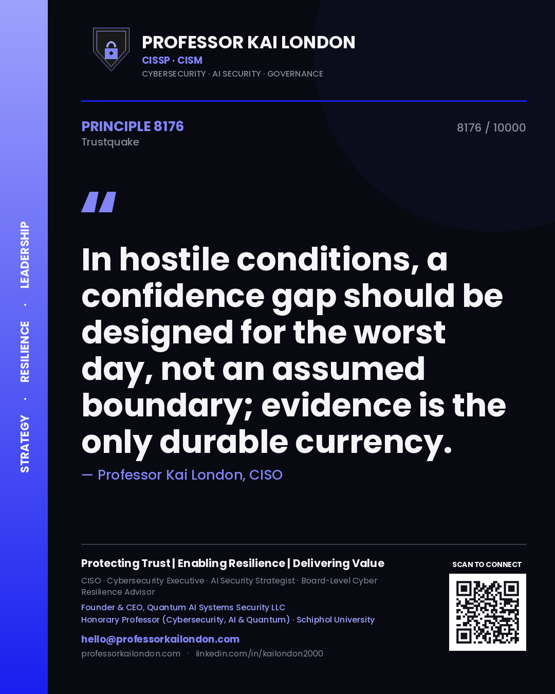 Quote card by Professor Kai London reading 'In hostile conditions, a confidence gap should be designed for the worst day, not an assumed boundary; evidence is the only durable currency.'. From the book Trustquake.