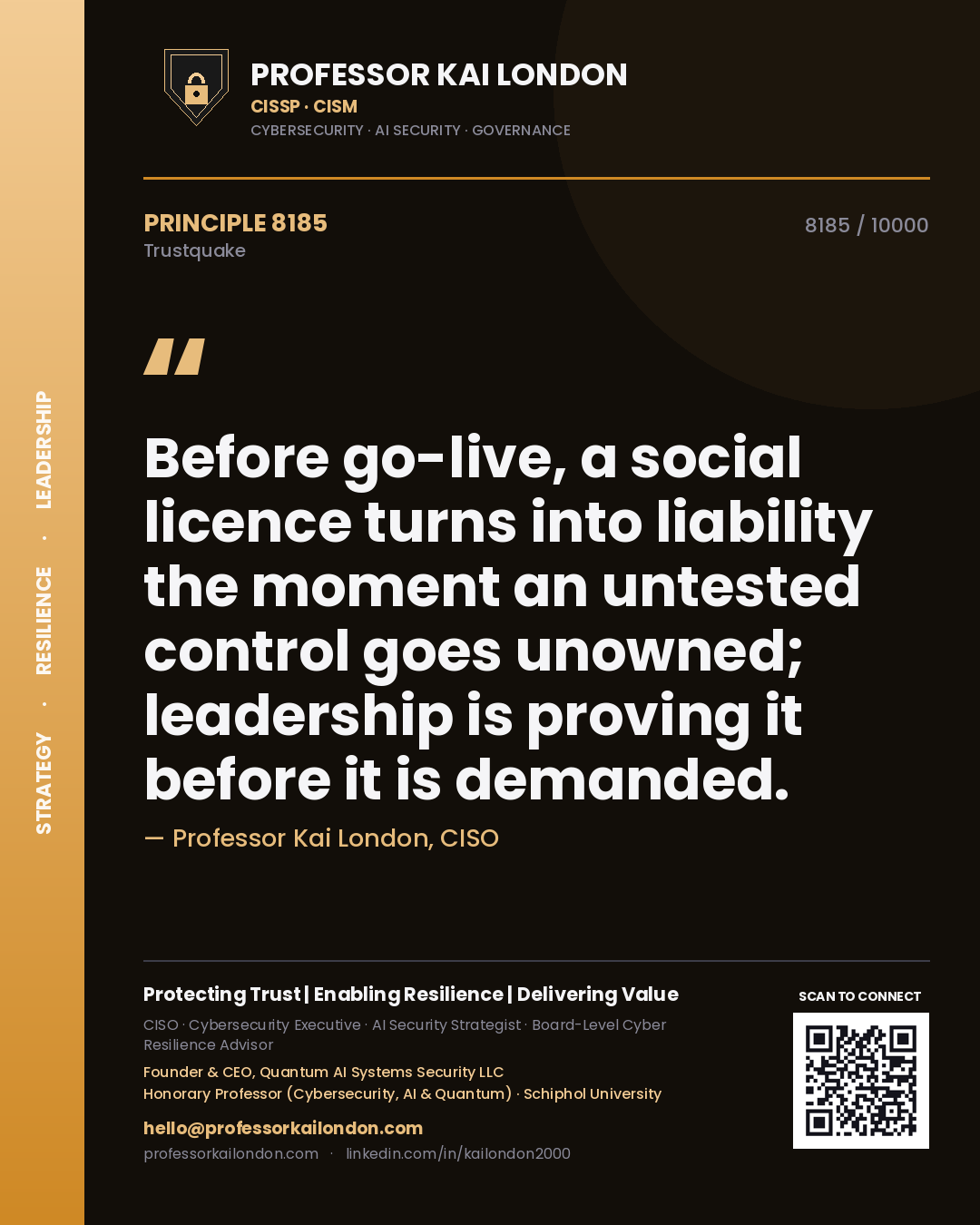 Professor Kai London principle 8185: Before go-live, a social licence turns into liability the moment an untested control goes unowned; leadership is proving it before it is demanded.