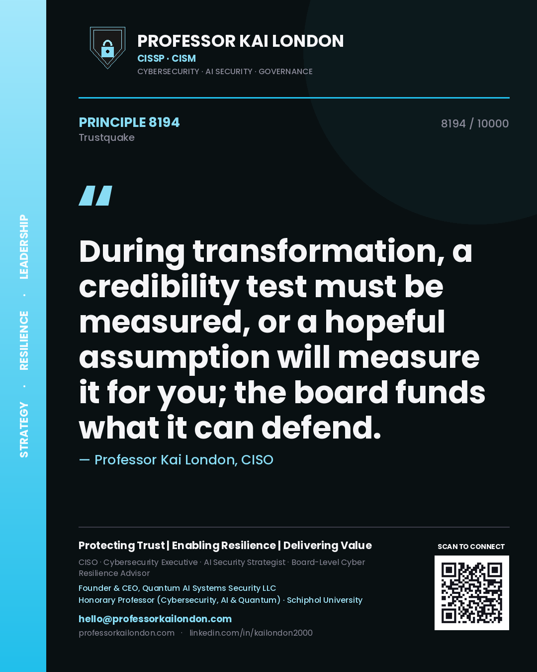 Professor Kai London principle 8194: During transformation, a credibility test must be measured, or a hopeful assumption will measure it for you; the board funds what it can defend.
