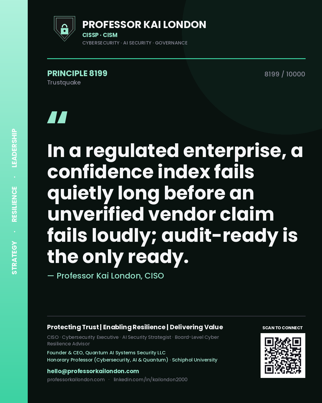 Professor Kai London principle 8199: In a regulated enterprise, a confidence index fails quietly long before an unverified vendor claim fails loudly; audit-ready is the only ready.