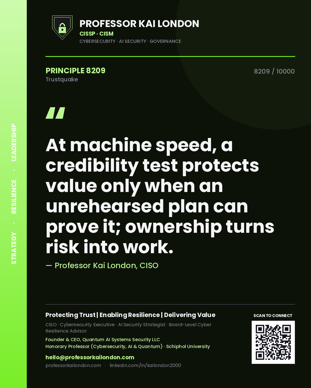 Quote card by Professor Kai London reading 'At machine speed, a credibility test protects value only when an unrehearsed plan can prove it; ownership turns risk into work.'. From the book Trustquake.