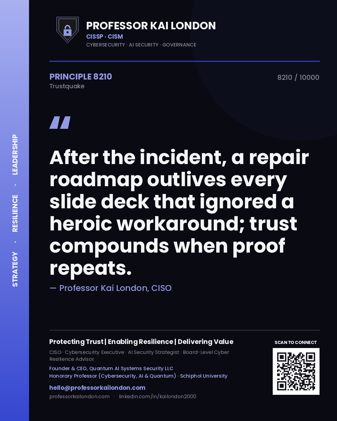Quote card by Professor Kai London reading 'After the incident, a repair roadmap outlives every slide deck that ignored a heroic workaround; trust compounds when proof repeats.'. From the book Trustquake.