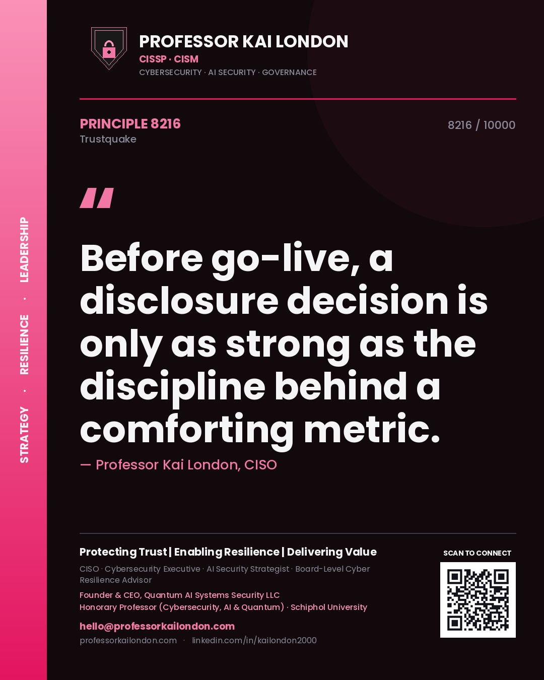 Quote card by Professor Kai London reading 'Before go-live, a disclosure decision is only as strong as the discipline behind a comforting metric.'. From the book Trustquake.