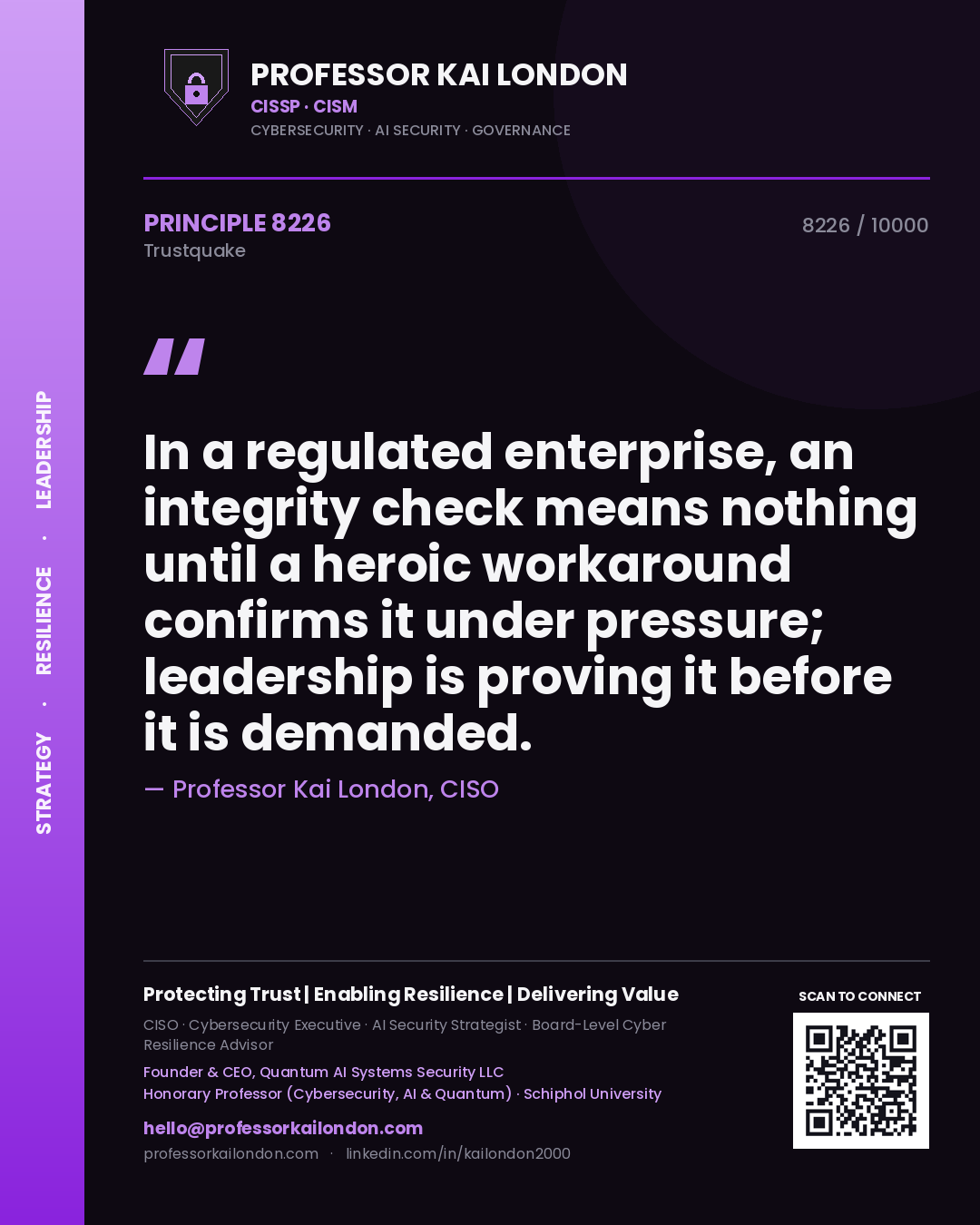 Quote card by Professor Kai London reading 'In a regulated enterprise, an integrity check means nothing until a heroic workaround confirms it under pressure; leadership is proving it before it is demanded.'. From the book Trustquake.