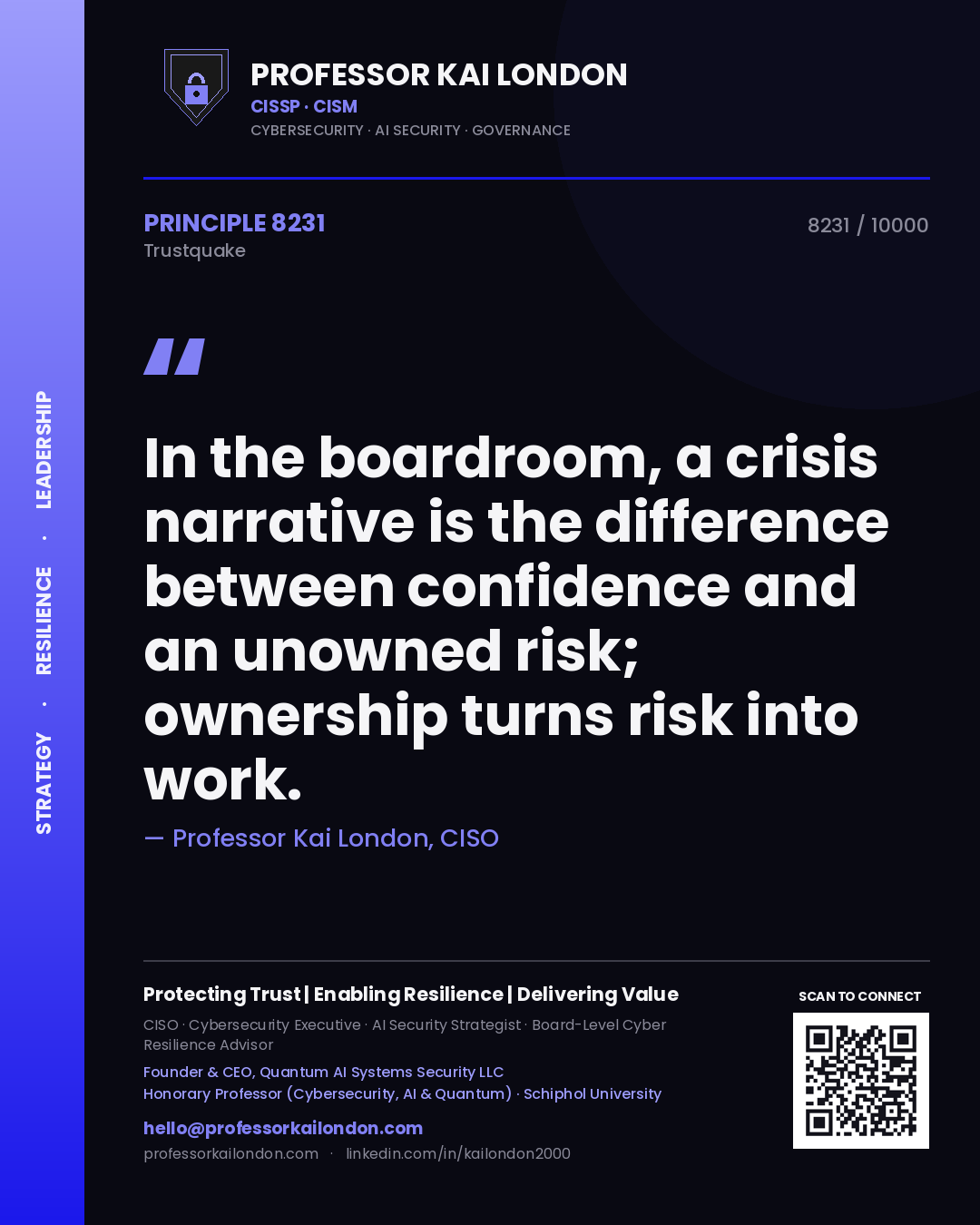 Quote card by Professor Kai London reading 'In the boardroom, a crisis narrative is the difference between confidence and an unowned risk; ownership turns risk into work.'. From the book Trustquake.