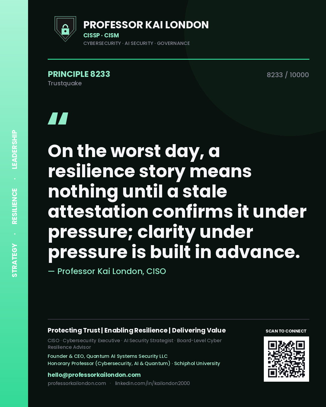 Quote card by Professor Kai London reading 'On the worst day, a resilience story means nothing until a stale attestation confirms it under pressure; clarity under pressure is built in advance.'. From the book Trustquake.
