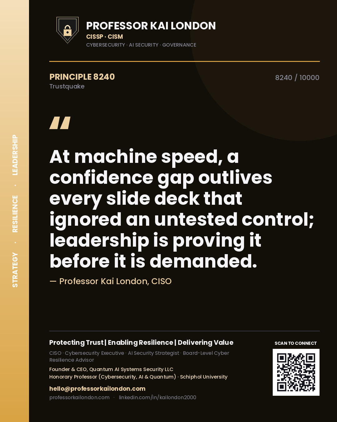 Quote card by Professor Kai London reading 'At machine speed, a confidence gap outlives every slide deck that ignored an untested control; leadership is proving it before it is demanded.'. From the book Trustquake.