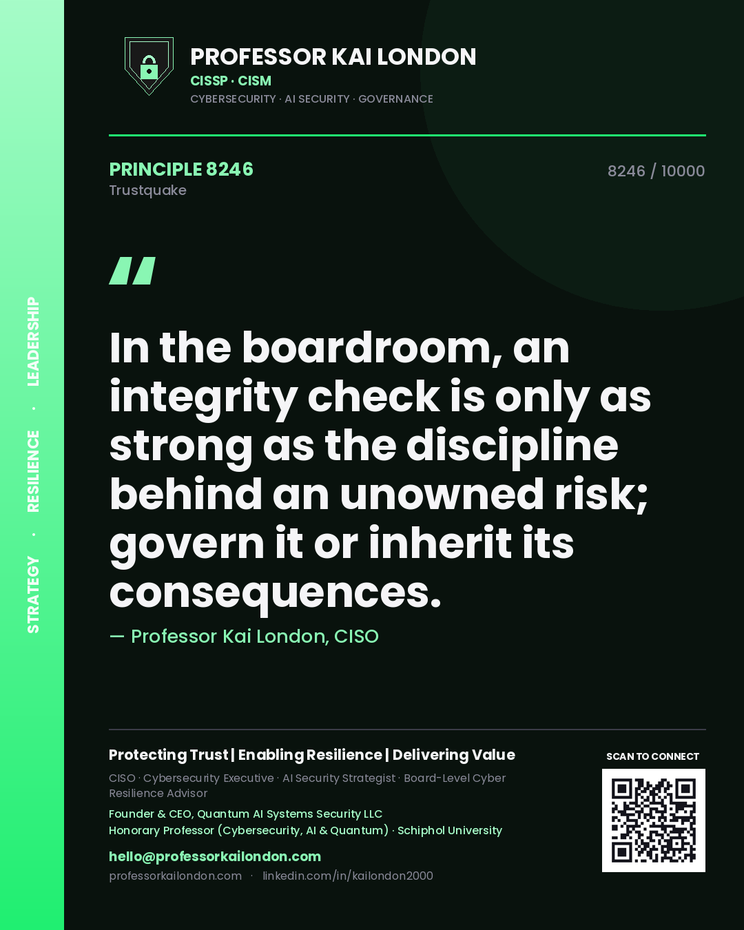Quote card by Professor Kai London reading 'In the boardroom, an integrity check is only as strong as the discipline behind an unowned risk; govern it or inherit its consequences.'. From the book Trustquake.