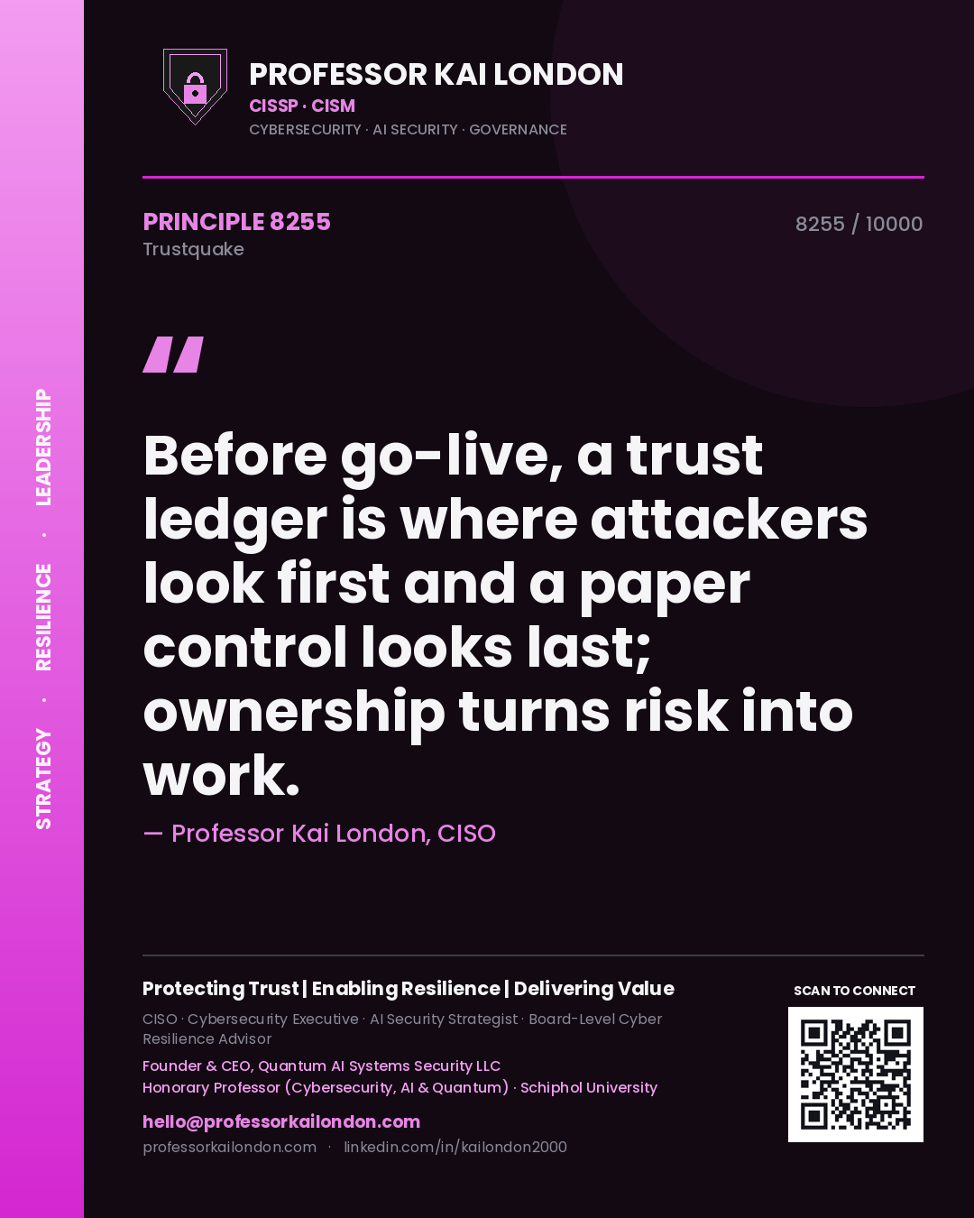 Quote card by Professor Kai London reading 'Before go-live, a trust ledger is where attackers look first and a paper control looks last; ownership turns risk into work.'. From the book Trustquake.