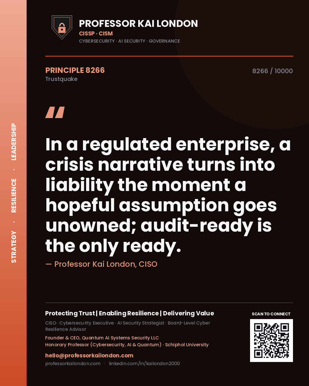 Quote card by Professor Kai London reading 'In a regulated enterprise, a crisis narrative turns into liability the moment a hopeful assumption goes unowned; audit-ready is the only ready.'. From the book Trustquake.