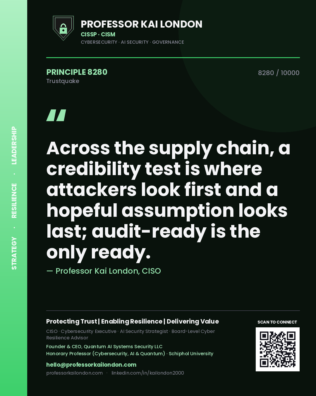 Quote card by Professor Kai London reading 'Across the supply chain, a credibility test is where attackers look first and a hopeful assumption looks last; audit-ready is the only ready.'. From the book Trustquake.