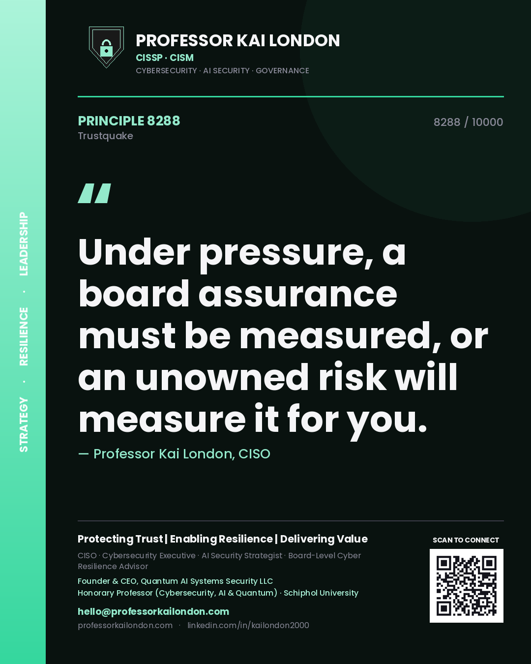 Quote card by Professor Kai London reading 'Under pressure, a board assurance must be measured, or an unowned risk will measure it for you.'. From the book Trustquake.