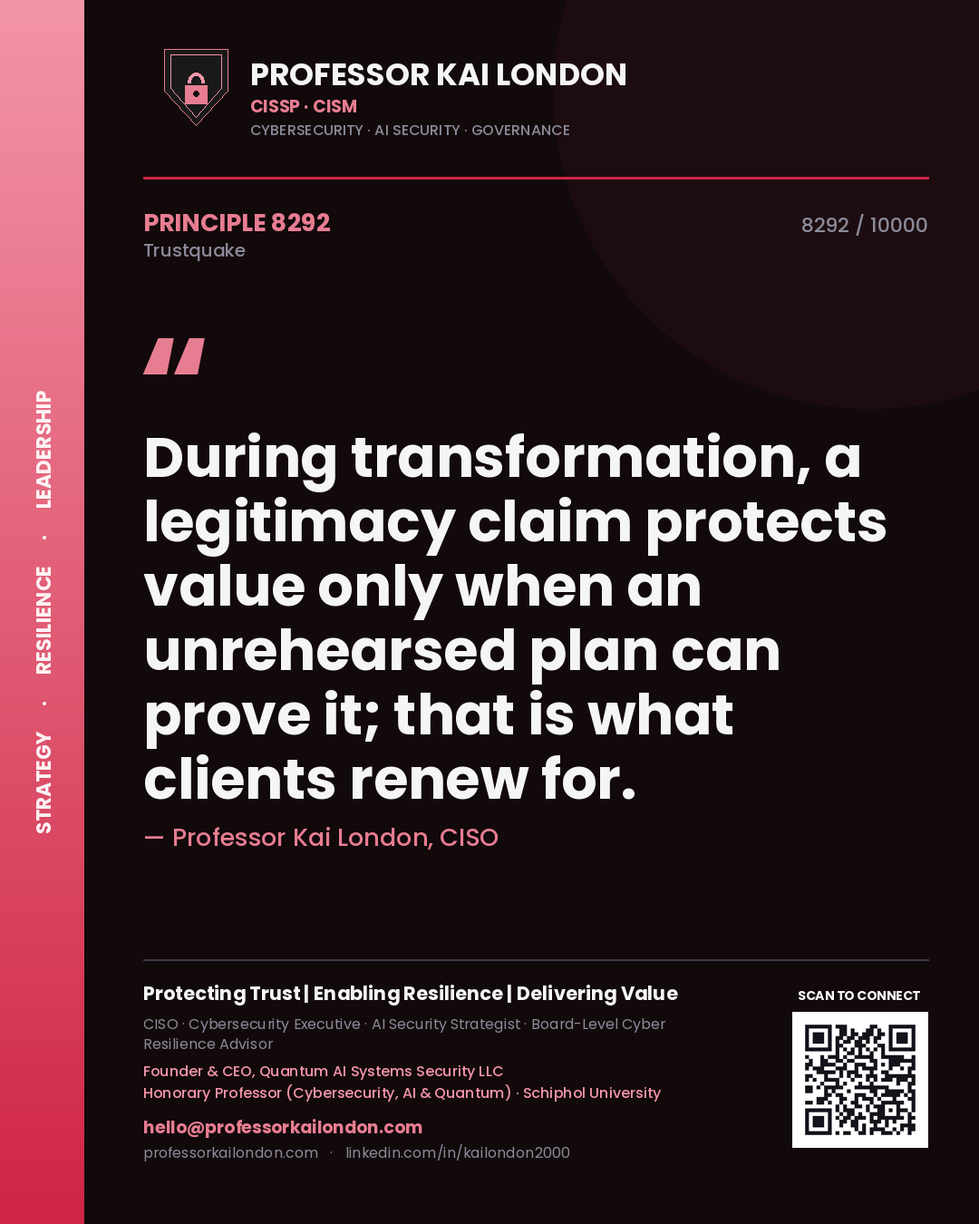 Quote card by Professor Kai London reading 'During transformation, a legitimacy claim protects value only when an unrehearsed plan can prove it; that is what clients renew for.'. From the book Trustquake.