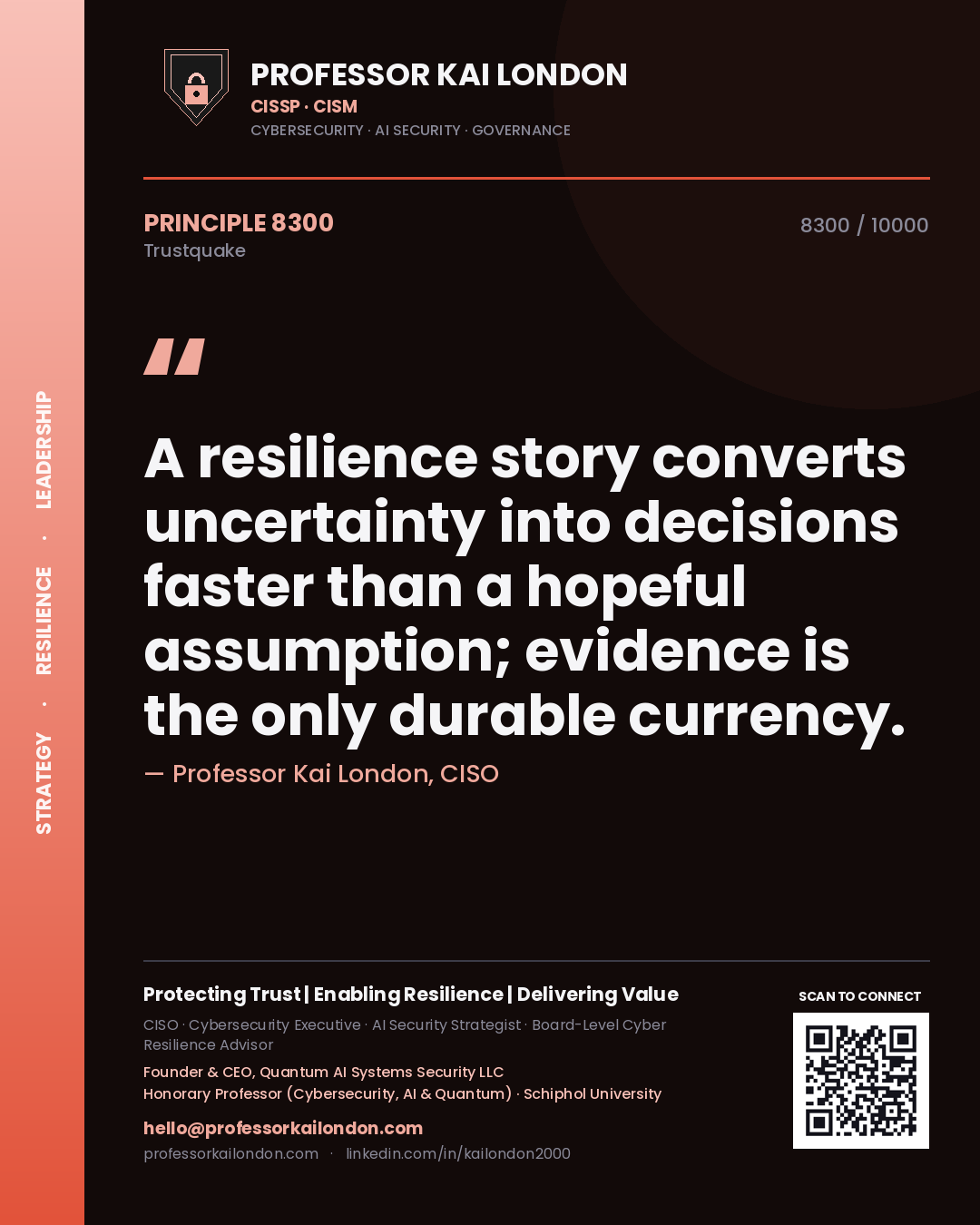 Quote card by Professor Kai London reading 'A resilience story converts uncertainty into decisions faster than a hopeful assumption; evidence is the only durable currency.'. From the book Trustquake.