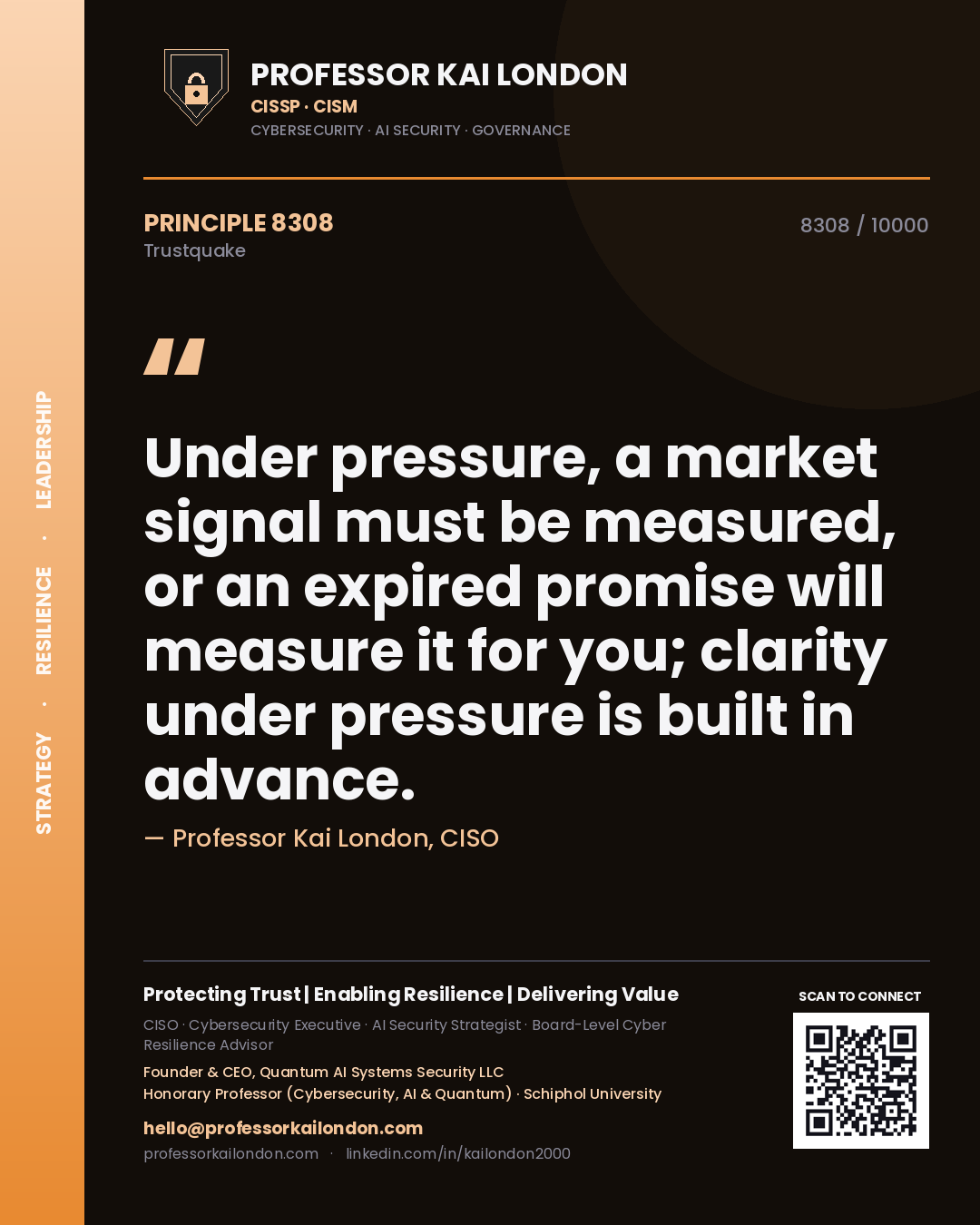 Quote card by Professor Kai London reading 'Under pressure, a market signal must be measured, or an expired promise will measure it for you; clarity under pressure is built in advance.'. From the book Trustquake.