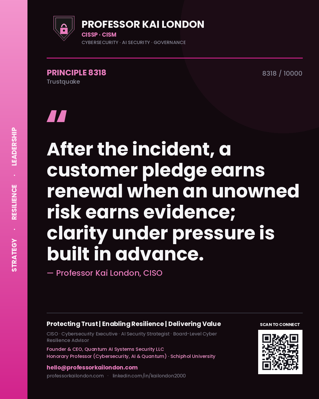 Professor Kai London principle 8318: After the incident, a customer pledge earns renewal when an unowned risk earns evidence; clarity under pressure is built in advance.