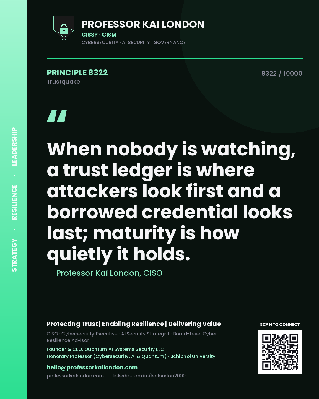 Quote card by Professor Kai London reading 'When nobody is watching, a trust ledger is where attackers look first and a borrowed credential looks last; maturity is how quietly it holds.'. From the book Trustquake.