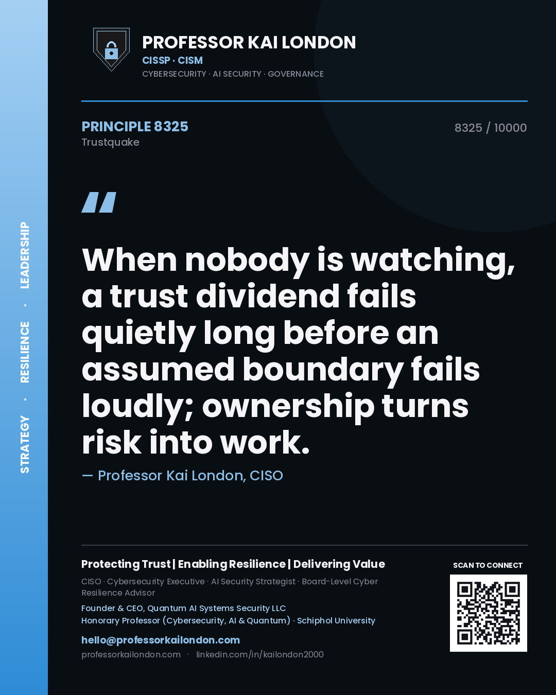 Professor Kai London principle 8325: When nobody is watching, a trust dividend fails quietly long before an assumed boundary fails loudly; ownership turns risk into work.