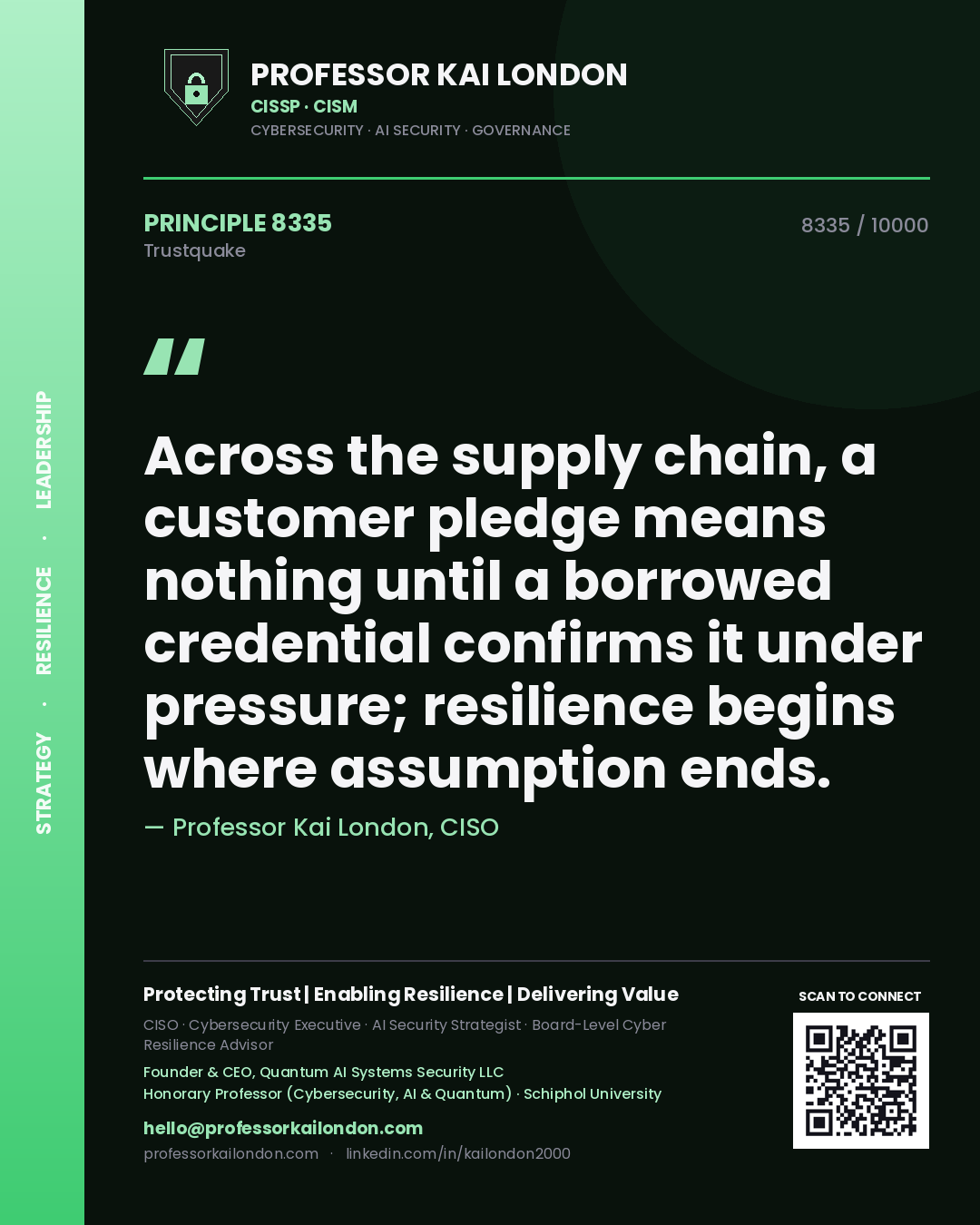Professor Kai London principle 8335: Across the supply chain, a customer pledge means nothing until a borrowed credential confirms it under pressure; resilience begins where assumption ends.