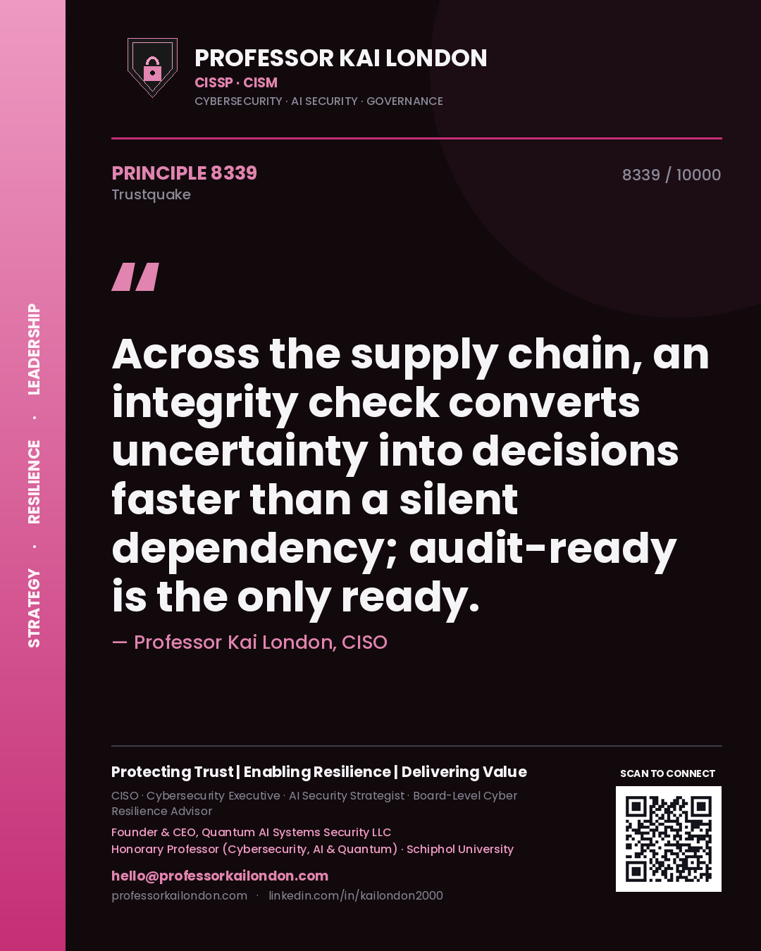 Professor Kai London principle 8339: Across the supply chain, an integrity check converts uncertainty into decisions faster than a silent dependency; audit-ready is the only ready.