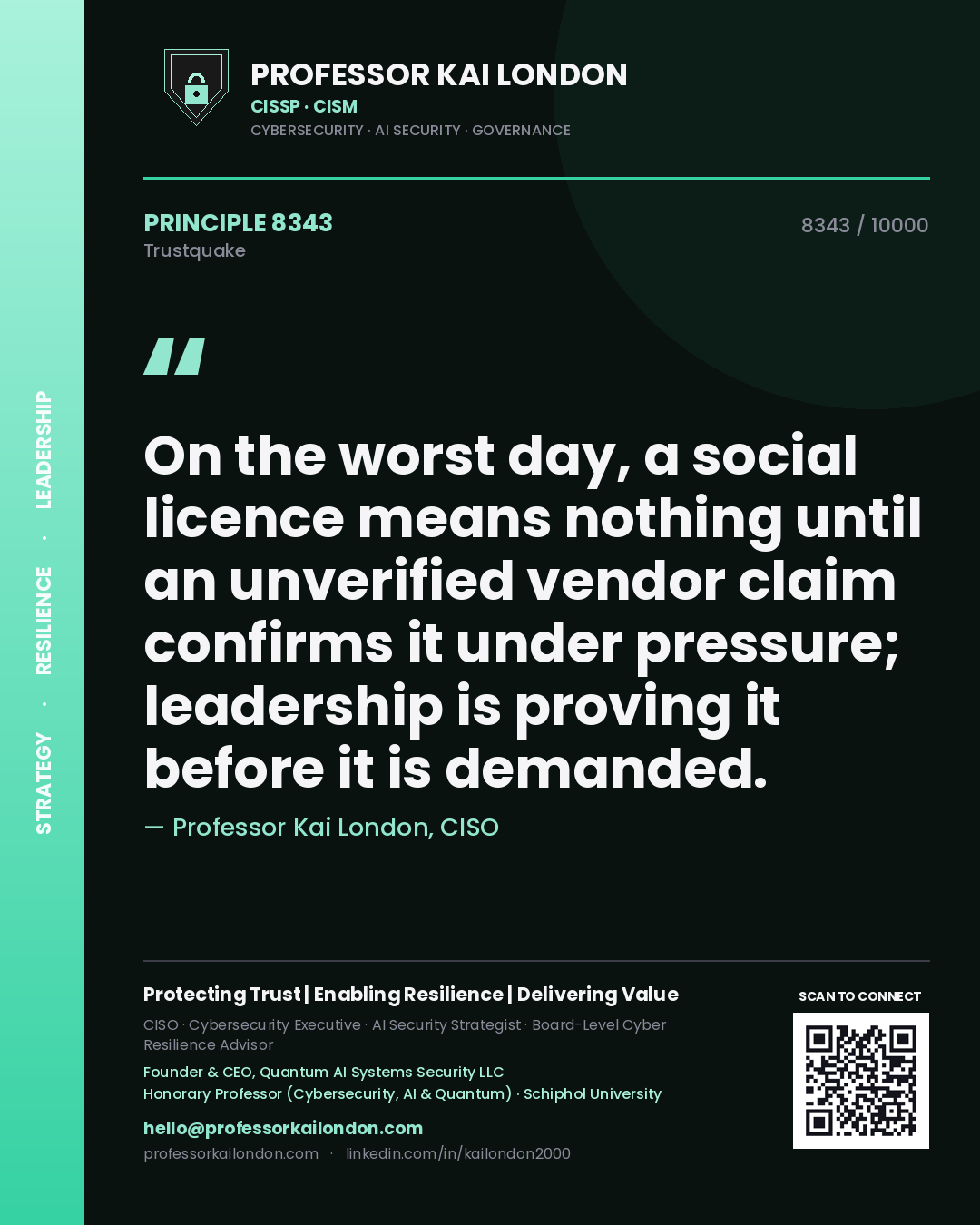 Professor Kai London principle 8343: On the worst day, a social licence means nothing until an unverified vendor claim confirms it under pressure; leadership is proving it before it is demanded.