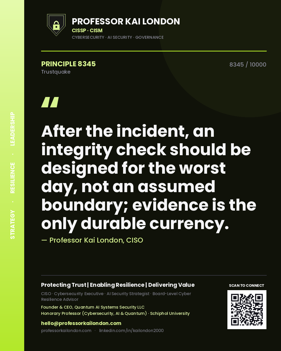 Quote card by Professor Kai London reading 'After the incident, an integrity check should be designed for the worst day, not an assumed boundary; evidence is the only durable currency.'. From the book Trustquake.