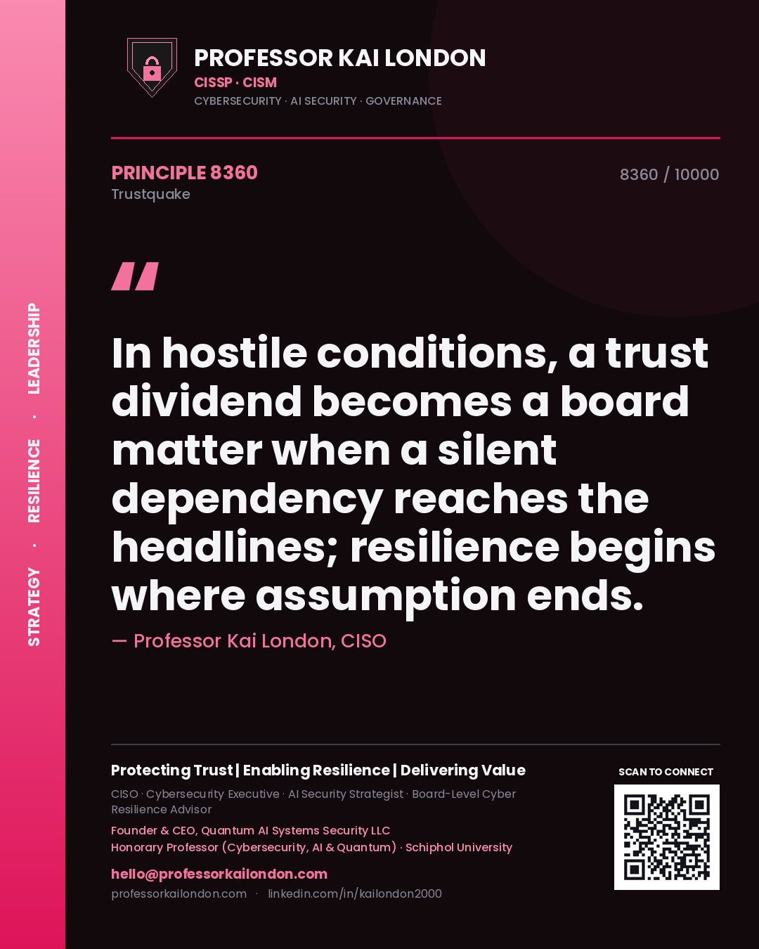 Professor Kai London principle 8360: In hostile conditions, a trust dividend becomes a board matter when a silent dependency reaches the headlines; resilience begins where assumption ends.