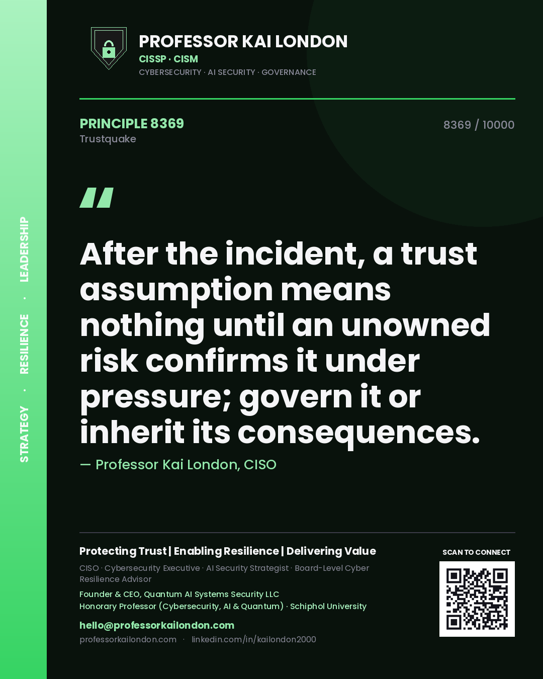 Quote card by Professor Kai London reading 'After the incident, a trust assumption means nothing until an unowned risk confirms it under pressure; govern it or inherit its consequences.'. From the book Trustquake.