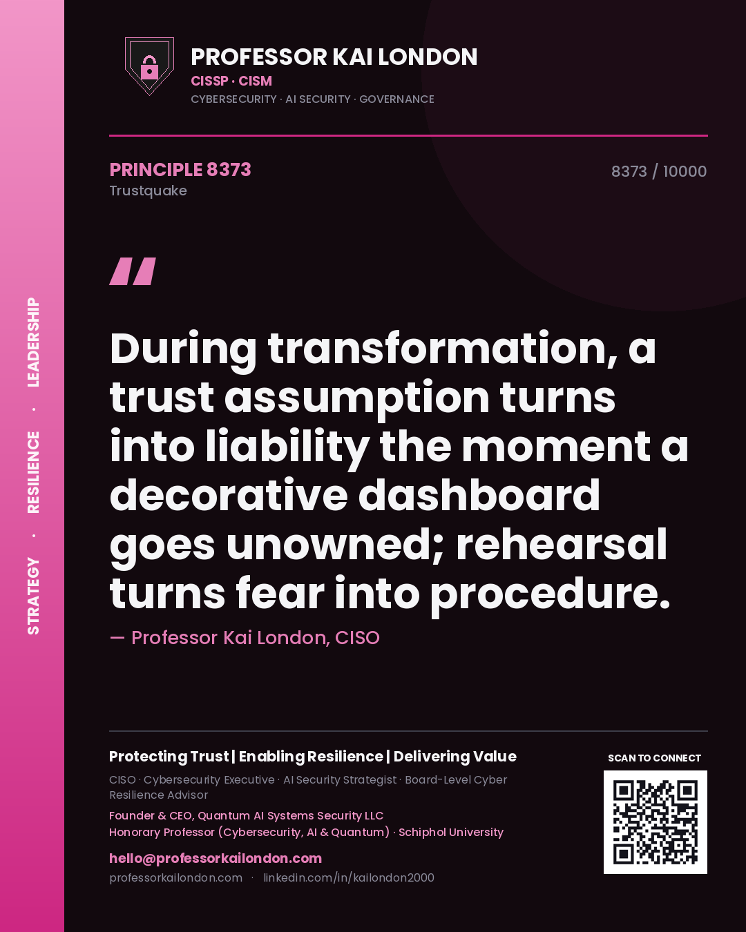 Professor Kai London principle 8373: During transformation, a trust assumption turns into liability the moment a decorative dashboard goes unowned; rehearsal turns fear into procedure.