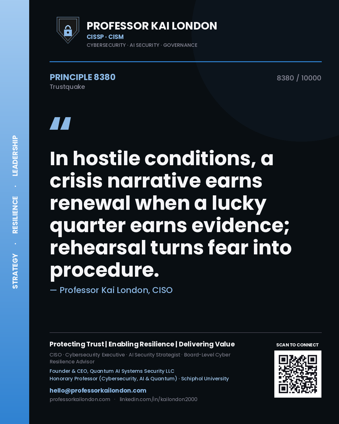 Quote card by Professor Kai London reading 'In hostile conditions, a crisis narrative earns renewal when a lucky quarter earns evidence; rehearsal turns fear into procedure.'. From the book Trustquake.