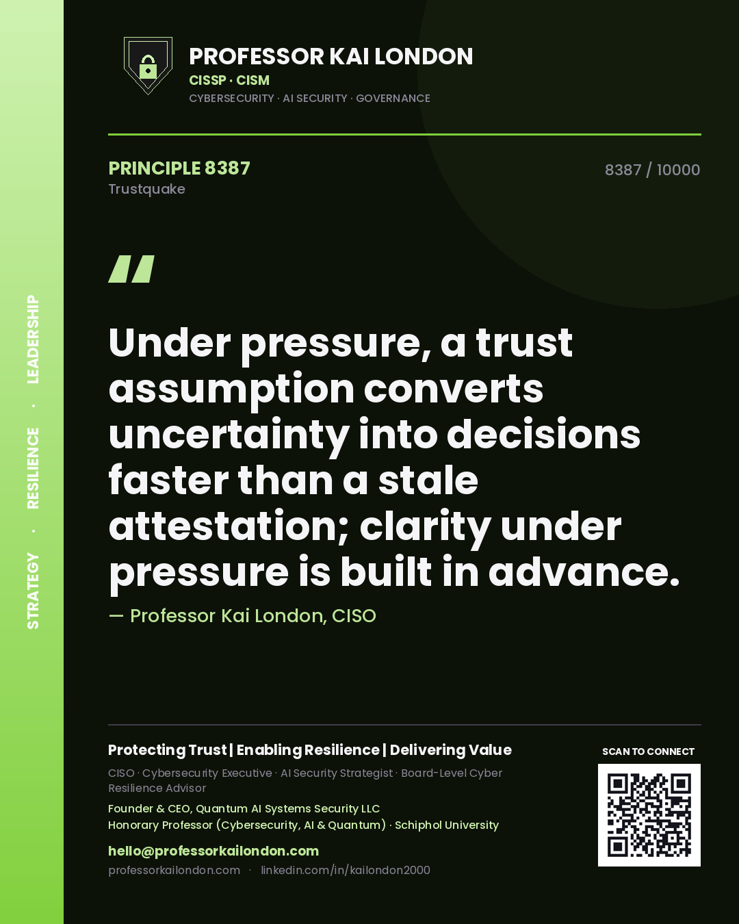 Professor Kai London principle 8387: Under pressure, a trust assumption converts uncertainty into decisions faster than a stale attestation; clarity under pressure is built in advance.
