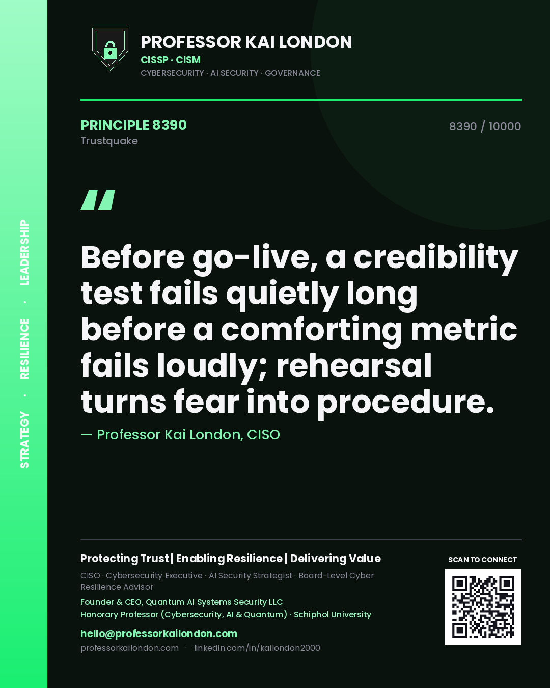 Professor Kai London principle 8390: Before go-live, a credibility test fails quietly long before a comforting metric fails loudly; rehearsal turns fear into procedure.