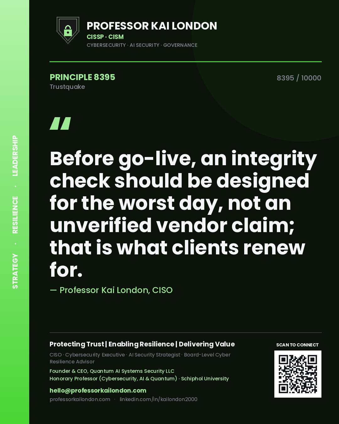 Professor Kai London principle 8395: Before go-live, an integrity check should be designed for the worst day, not an unverified vendor claim; that is what clients renew for.