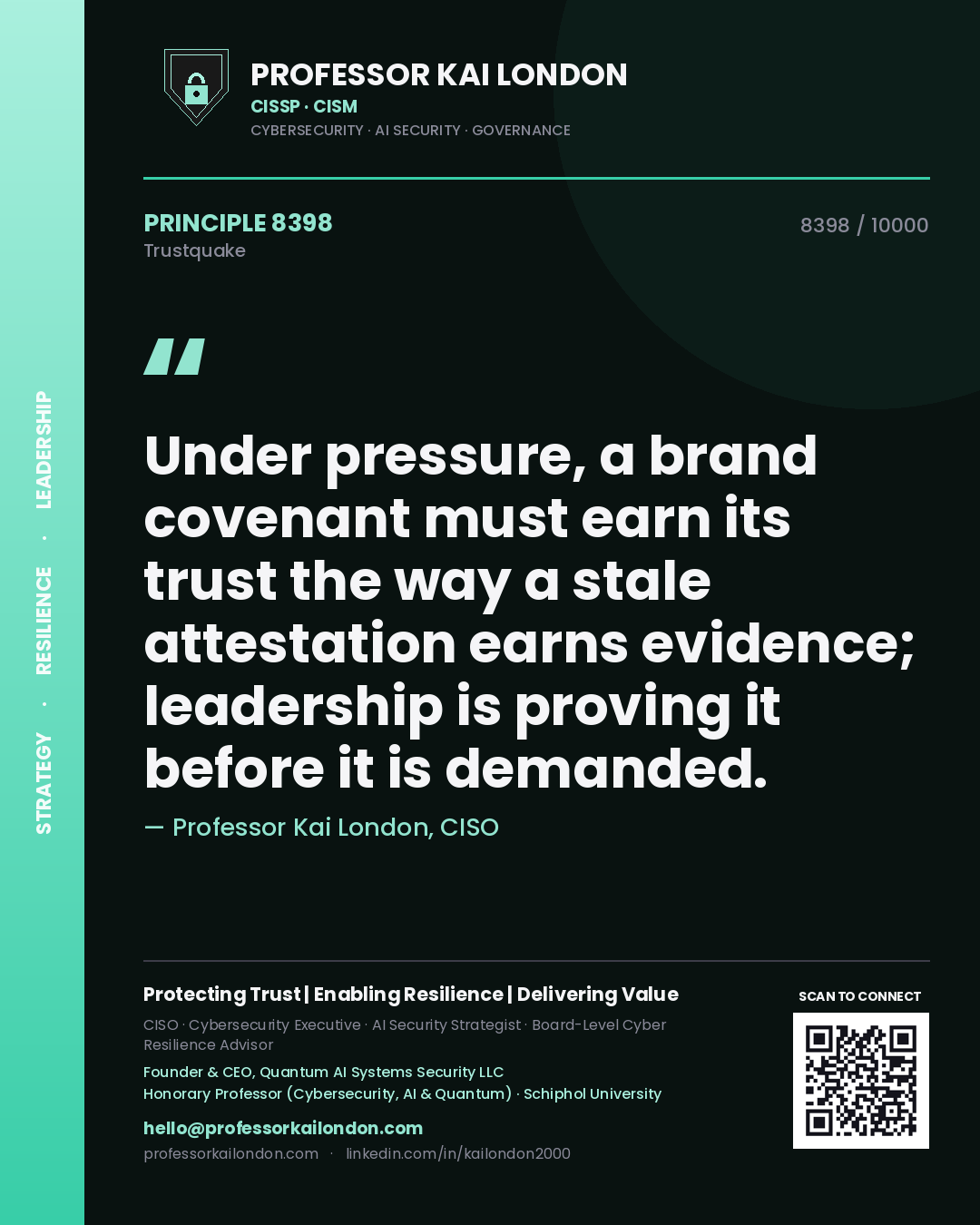 Professor Kai London principle 8398: Under pressure, a brand covenant must earn its trust the way a stale attestation earns evidence; leadership is proving it before it is demanded.