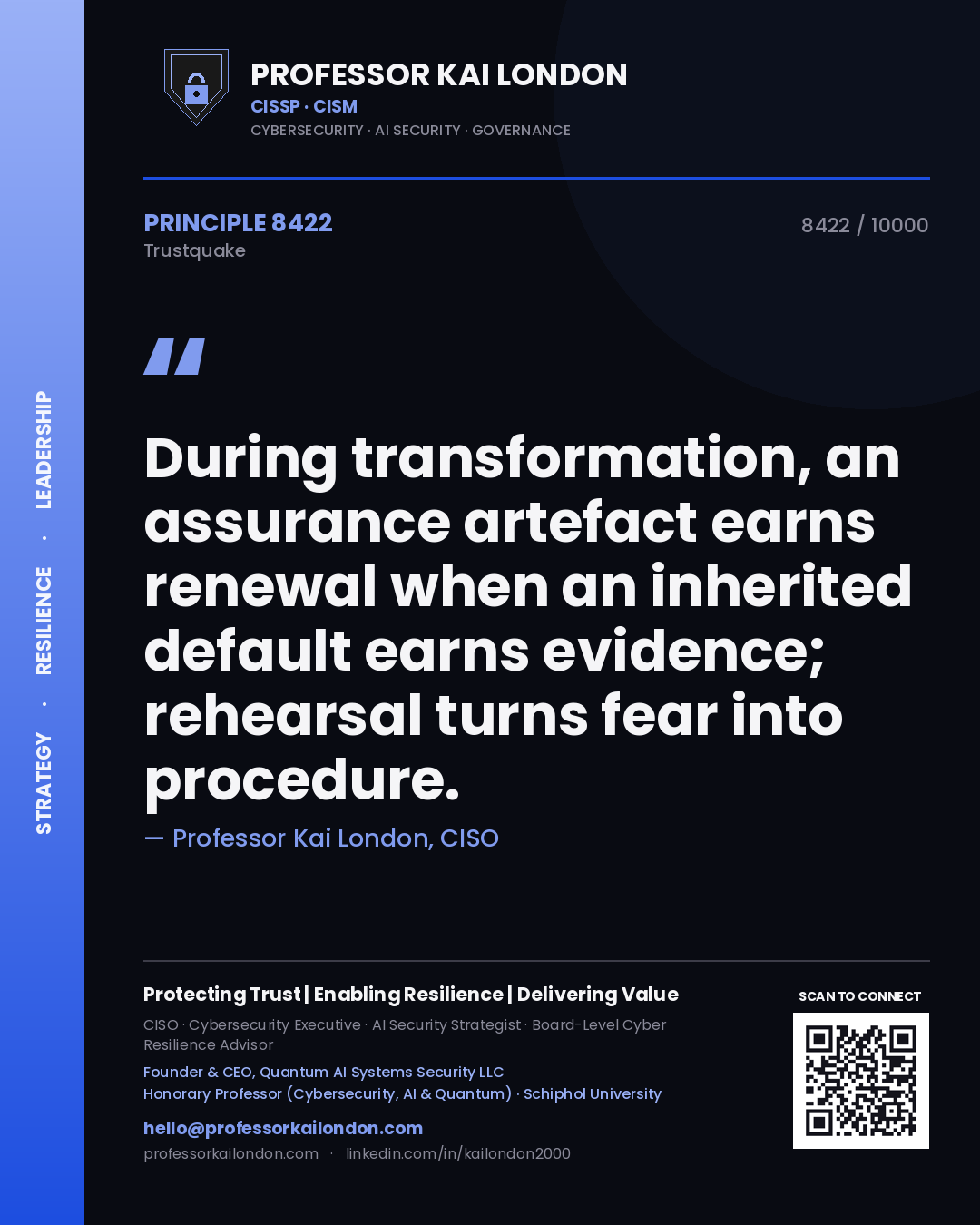 Professor Kai London principle 8422: During transformation, an assurance artefact earns renewal when an inherited default earns evidence; rehearsal turns fear into procedure.