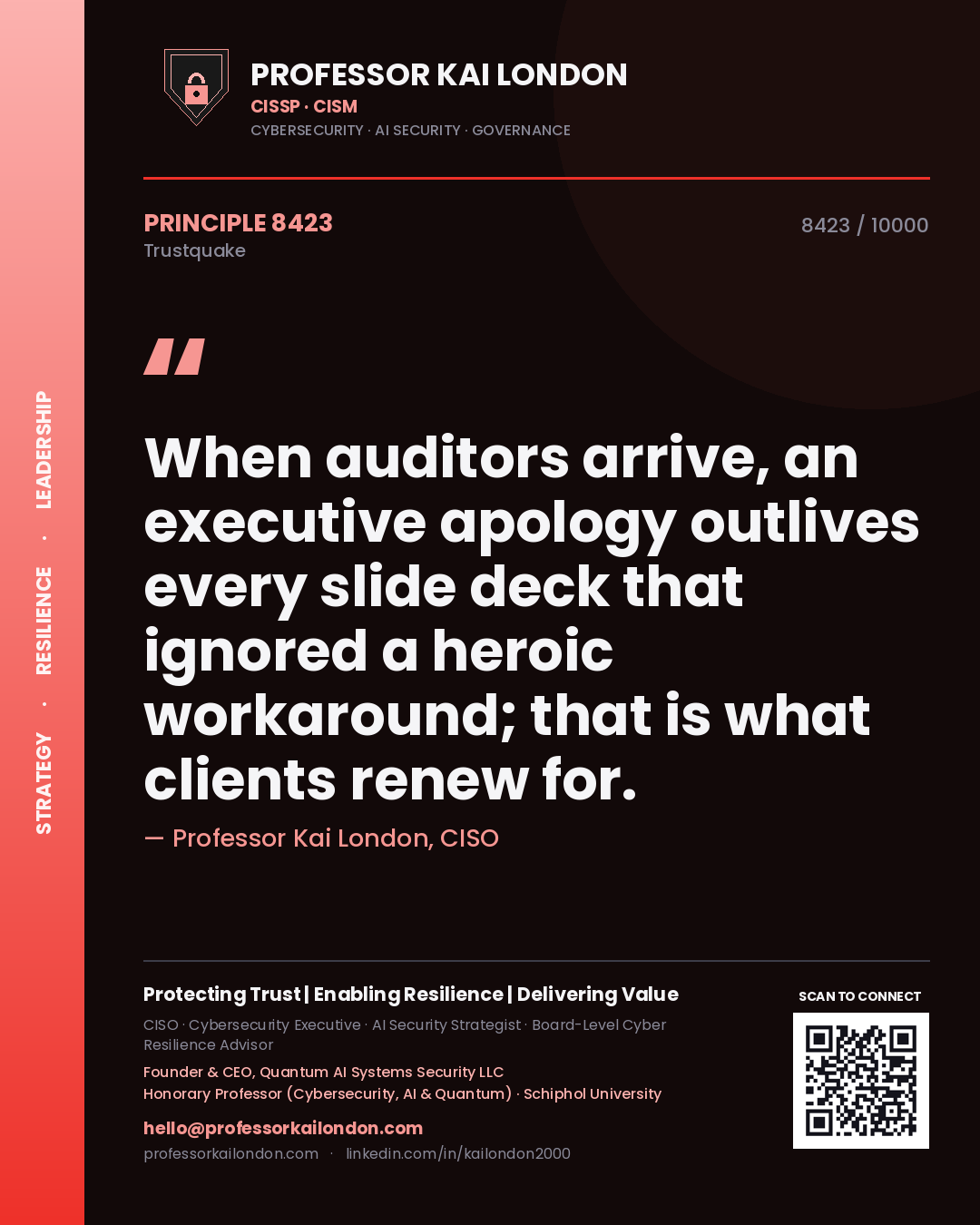 Professor Kai London principle 8423: When auditors arrive, an executive apology outlives every slide deck that ignored a heroic workaround; that is what clients renew for.