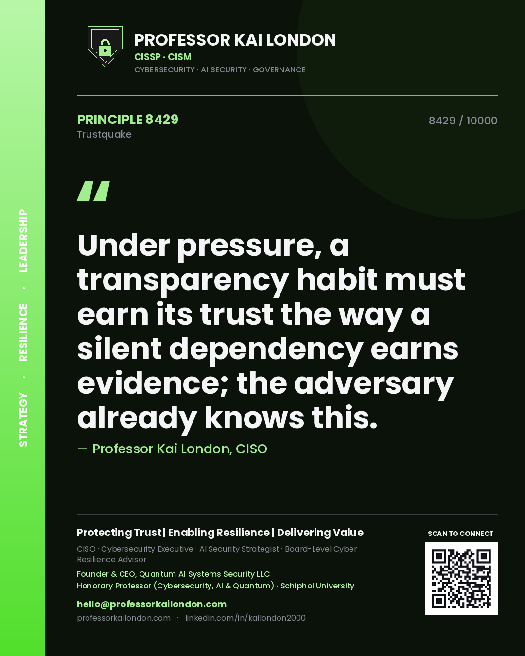 Professor Kai London principle 8429: Under pressure, a transparency habit must earn its trust the way a silent dependency earns evidence; the adversary already knows this.